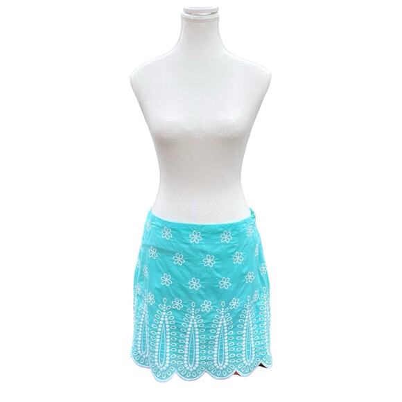 Aqua Embroidered Mini Skirt Floral Eyelet Scalloped Hem Summer Spring Cute - Picture 1 of 5